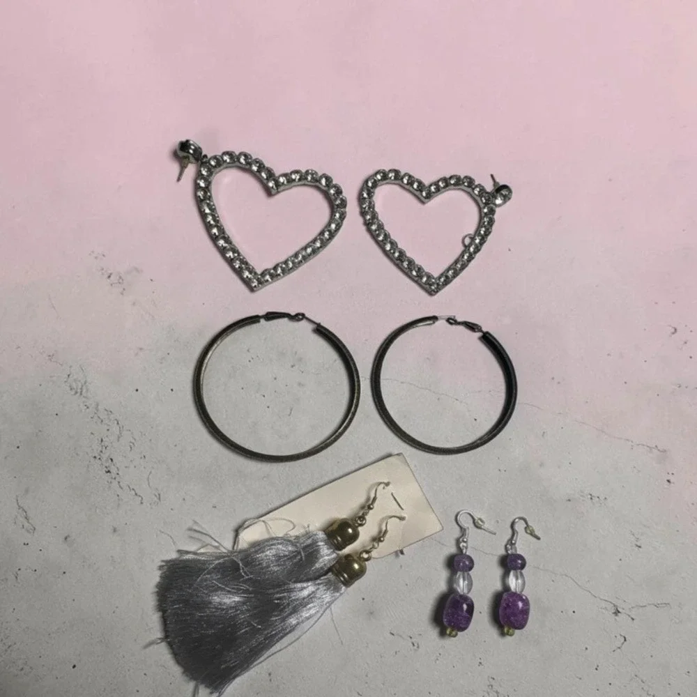 Fashion Earring Bundle 4 Pairs Heart Rhinestone Hammered Hoops Tassel Glass Bead